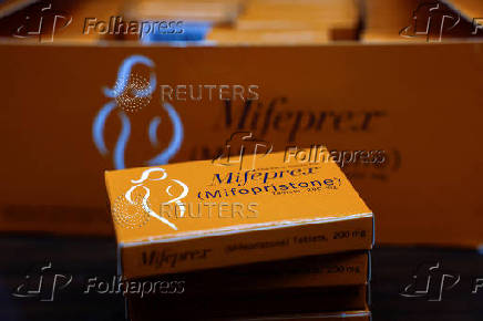 FILE PHOTO: Boxes of Mifepristone, the first pill in a medical abortion, are seen at Alamo Women's Clinic in Carbondale, Illinois