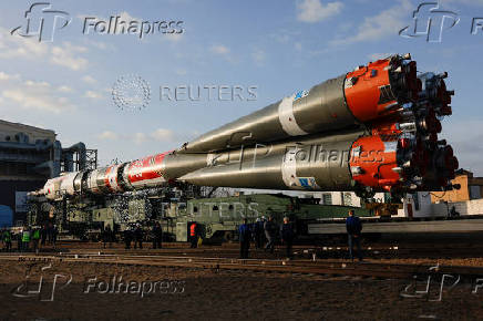 The Soyuz MS-27 spacecraft is rolled out of an assembling hangar to the launch pad ahead of the next crew launch to the International Space Station at Baikonur Cosmodrome