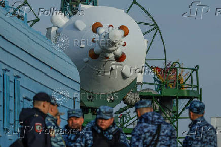 The Soyuz MS-27 spacecraft is rolled out to the launch pad ahead of the next crew launch to the International Space Station at Baikonur Cosmodrome