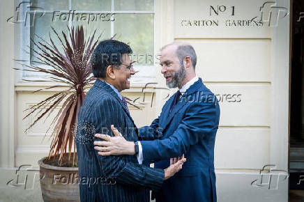 Britain's Secretary of State for Business and Trade Jonathan Reynolds welcomes Indian Minister of Commerce and Industry Piyush Goyal for trade talks, in London