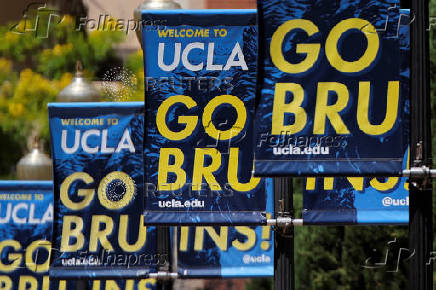 Banners hang at the University of California Los Angeles (UCLA) in Los Angeles