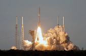 A United Launch Alliance Atlas V rocket lifts off carrying Amazon's Project Kuiper internet network satellites from the Cape Canaveral Space Force Station in Cape Canaveral