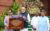 Indian Prime Minister Narendra Modi addresses the media ahead of Parliament monsoon session in New Delhi