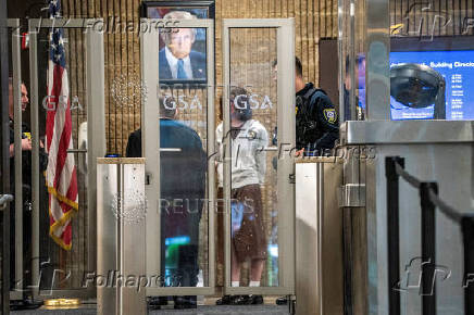 U.S. Congressman Jerry Nadler speaks to members of the Department of Homeland Security about a person detained at his office, at US Immigration Court in New York City