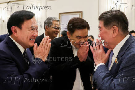Thailand?s former Prime Minister Thaksin Shinawatra attends a panel discussion with Thai broadcaster Nation TV, in Bangkok