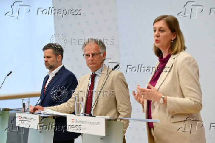 Austria's Finance Minister Markus Marterbauer holds a press conference, in Vienna