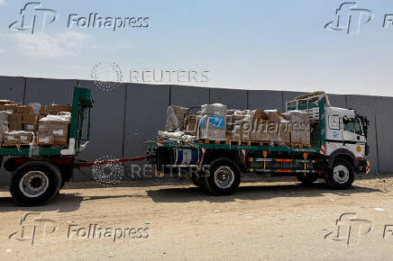 A truck carrying humanitarian aid stands near the Rafah border crossing between Egypt and the Gaza Strip, in Rafah