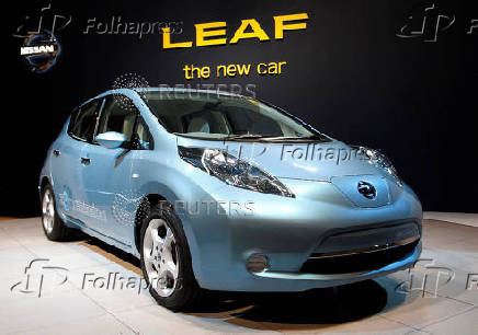 FILE PHOTO: The Nissan Leaf on display at a news conference to announce the price tag for the world's first mass-produced electric vehicle