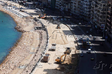 A view shows a road expansion project underway on the corniche in the Mediterranean city of Alexandria