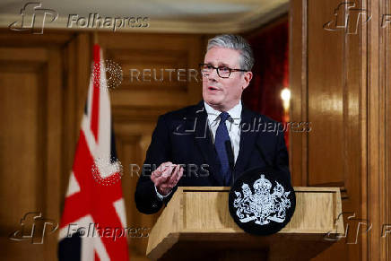 Britain's PM Starmer delivers statement inside No. 10 Downing Street, in London