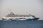 A view of the Crown Iris, a vessel which will be used to assist in the departure of Israelis from Cyprus,  is seen off the coast of Larnaca