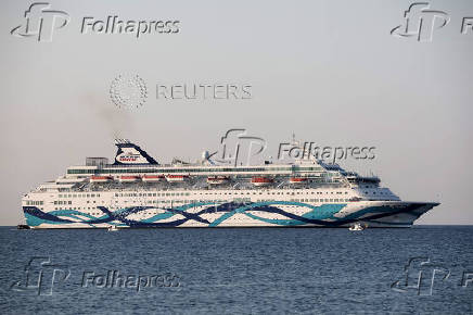 A view of the Crown Iris, a vessel which will be used to assist in the departure of Israelis from Cyprus,  is seen off the coast of Larnaca
