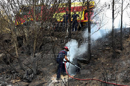 Firefighters work in wildfire-affected areas in southern France