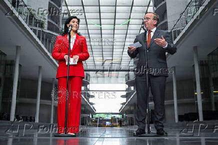 German Defence Minister Pistorius and German Economy and Energy Minister Reiche address the media following the weekly cabinet meeting in Berlin