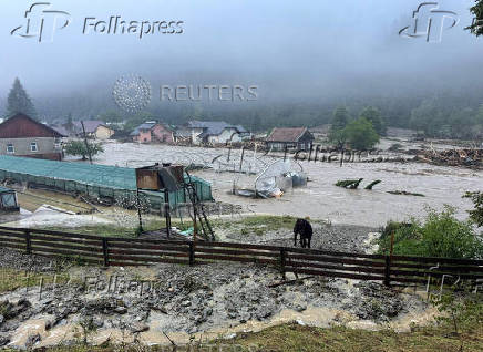 Floods strike the town of Brosteni in Romania