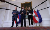 Chancellor Stocker, Vice-Chancellor Babler and Foreign Minister Meinl-Reisinger address the media before a cabinet meeting in Vienna