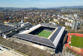 A drone view shows the Stadion Wankdorf ahead of UEFA Women's Euro 2025 in Bern