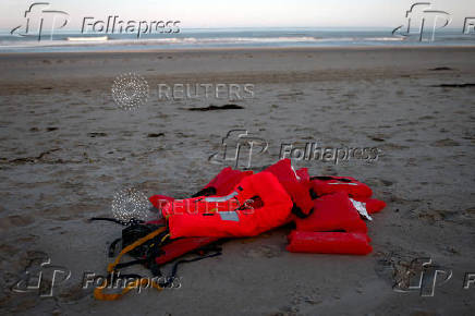 FILE PHOTO: Life jackets left behind by migrants trying to cross the English Channel