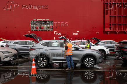 A BYD vessel docks at the Itajai port in Santa Catarina