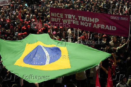 Demonstrators take part in a protest against U.S. President Donald Trump?s announcement of 50% tariffs on Brazilian products, in Sao Paulo