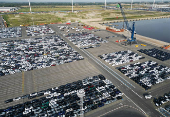 Drone view of new cars parked in the port of Zeebrugge