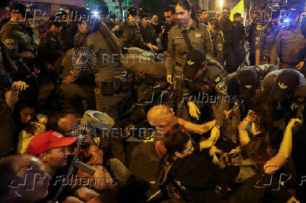 Demonstrators protest outside Likud Party headquarters calling for the release of all hostages as Israel marks 600 days since they were kidnapped, in Tel Aviv