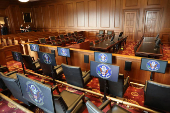 A view from the jury box inside a federal courtroom similar to the room where the  trial of Sean (P. Diddy) Combs is being held in Federal District court in Manhattan