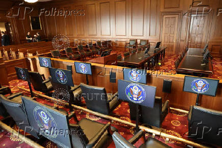 A view from the jury box inside a federal courtroom similar to the room where the  trial of Sean (P. Diddy) Combs is being held in Federal District court in Manhattan