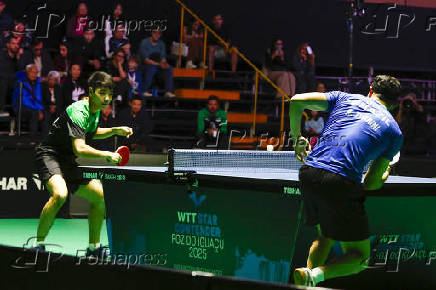 Rafafel Turrini durante partida contra o tênista Hamilton Yamane válida pelo Circuito Internacional de tênis de mesa WTT Star Contender em Foz do  Iguaçu (PR)