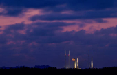 A United Launch Alliance Atlas V rocket stands on the pad with Amazon's Project Kuiper internet network satellites in Cape Canaveral
