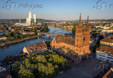 FILE PHOTO: A drone view shows the Basel Muenster Cathedral ahead of the Eurovision Song Contest in Basel