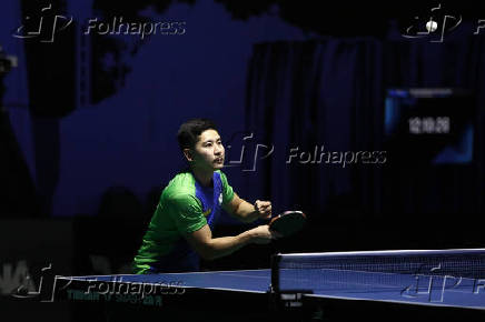 Luca Kumahara durante partida contra o tênista Allan Sarmento válida pelo Circuito Internacional de tênis de mesa WTT Star Contender em Foz do  Iguaçu (PR)