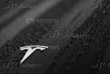 The logo of a Tesla is seen on a Tesla car in Brussels