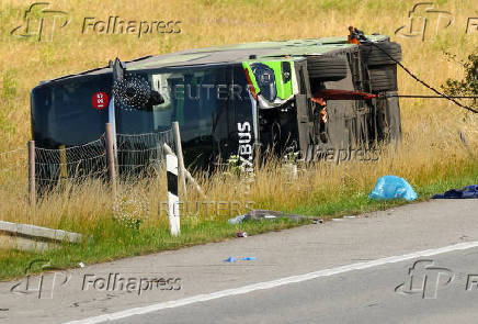 A view of the scene of a crashed FlixBus bus that was en route from Copenhagen to Berlin