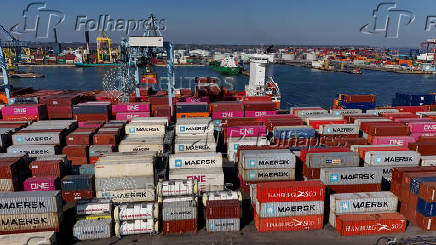 A drone view of shipping containers at Dublin Port, in Dublin