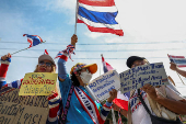 Royalist activists protest in front of the Royal Embassy of Cambodia, following a recent clash at the Thailand-Cambodia border on May 28, 2025, in Bangkok