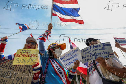 Royalist activists protest in front of the Royal Embassy of Cambodia, following a recent clash at the Thailand-Cambodia border on May 28, 2025, in Bangkok