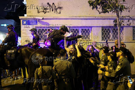 Demonstrators protest outside Likud Party headquarters calling for the release of all hostages as Israel marks 600 days since they were kidnapped, in Tel Aviv