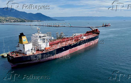 Drone shot of oil tanker at Petrobras distribution terminal in Brazil