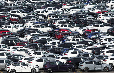 New cars are parked in the port of Zeebrugge