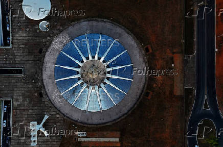 A drone view shows the Cathedral of Brasilia designed by Brazilian architect Oscar Niemeyer in Brasilia