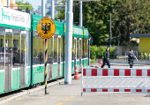 A German Republic sign is pictured during a random checks by German police in a tram at the German-Swiss border in Basel