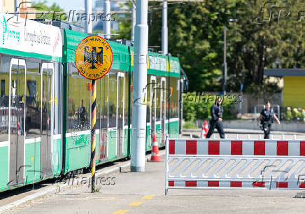 A German Republic sign is pictured during a random checks by German police in a tram at the German-Swiss border in Basel