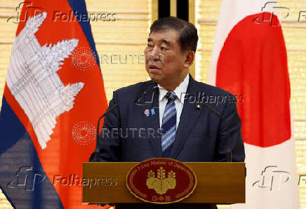 Japan's Prime Minister Shigeru Ishiba speaks during a joint press conference with Cambodia's Prime Minister Hun Mane in Tokyo