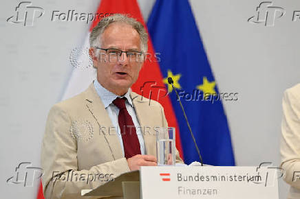 Austria's Finance Minister Markus Marterbauer holds a press conference, in Vienna