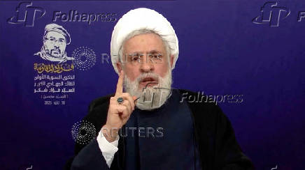 Lebanon?s Hezbollah Chief Naim Qassem gives a televised speech
