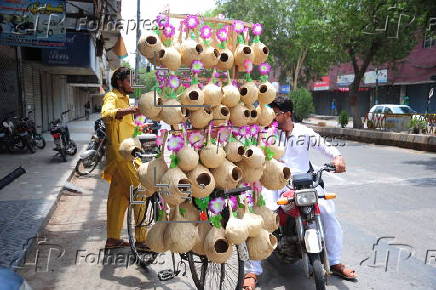 A vendor sells handmade birds nests in Hyderabad