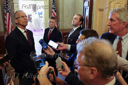 U.S. Senate Majority Leader Thune speaks with reporters at the U.S. Capitol in Washington
