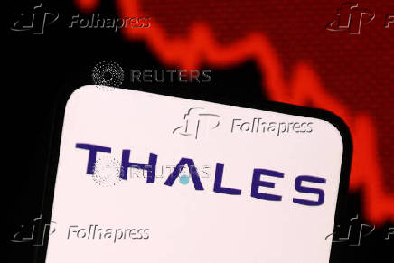 Illustration shows Thales logo and decreasing stock graph