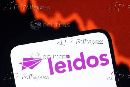 Illustration shows Leidos logo and decreasing stock graph